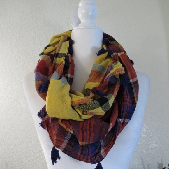 Unbranded Accessories - Plaid Infinity Scarf Purple Pom Pom Fringe